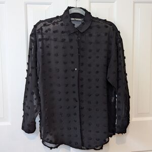 Zara Women's Blouse XS Black Semi Sheer Polka Dot Long Sleeve Button Collar